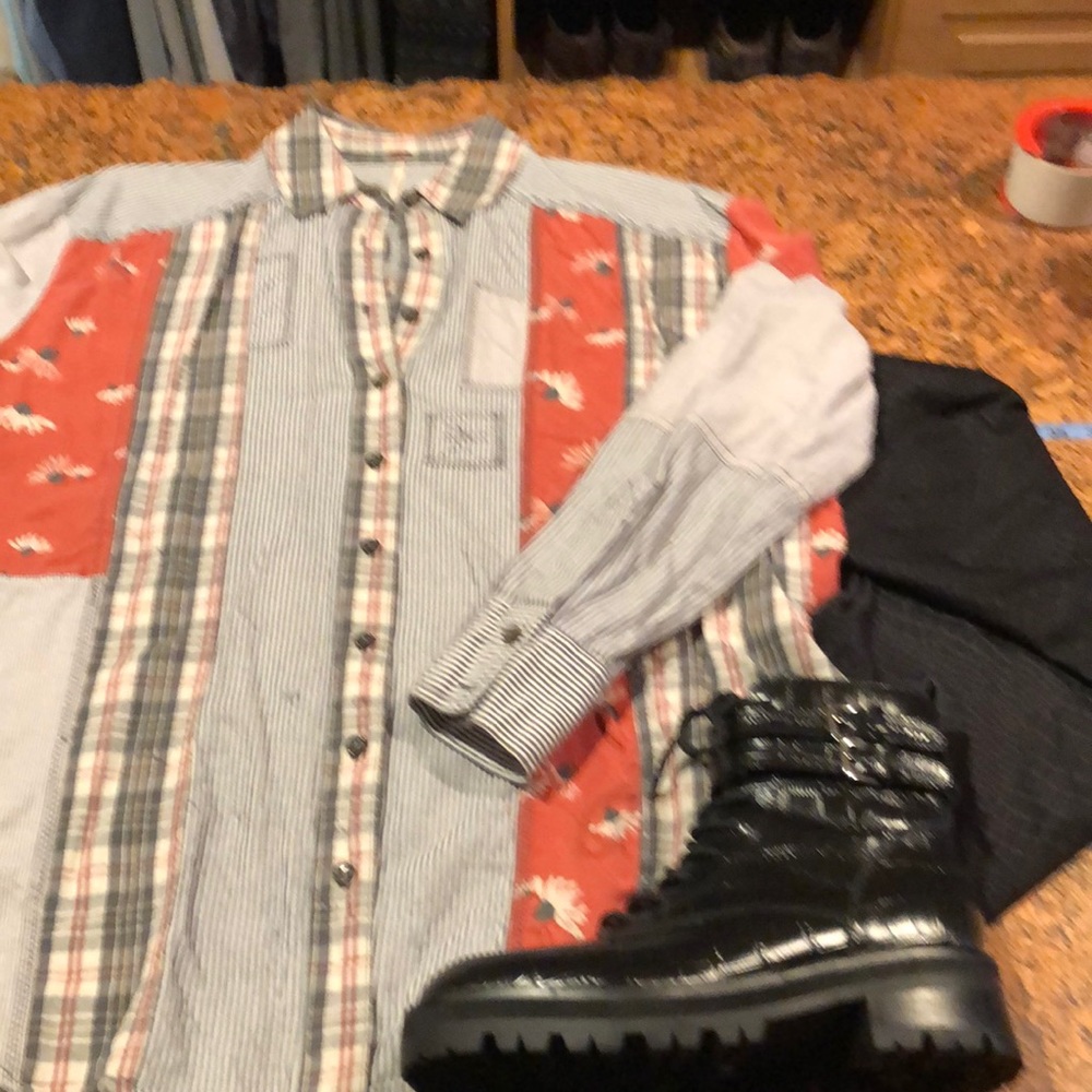 Free people tunic shirt. Size S. Patchwork and natural distressing.